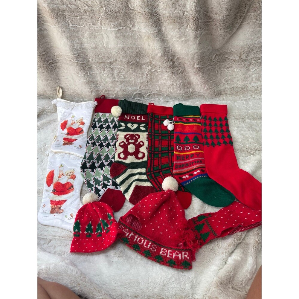 VTG Lot of 7 Acrylic Knit Family Christmas Stockings Santa Bears Pom Poms Tree